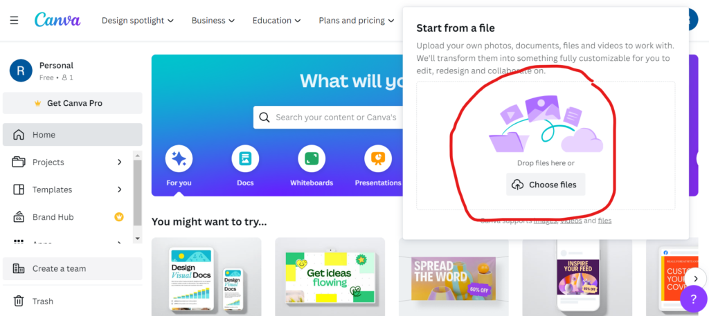 Canva Upload file section